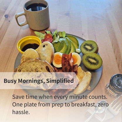 Full breakfast with fruit, bread, and eggs on a CHOPLATE alongside coffee, perfect for a busy morning table.